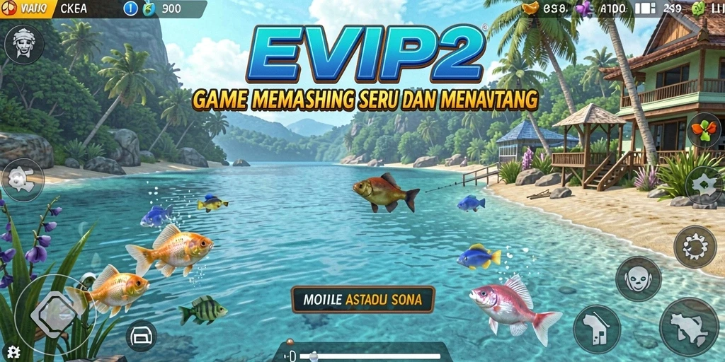 Screenshot gameplay EVIP2 menampilkan momen menangkap ikan.