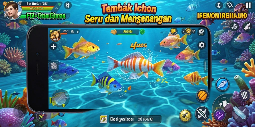 Gameplay FO8 menampilkan aksi menembak ikan yang seru dan penuh warna.