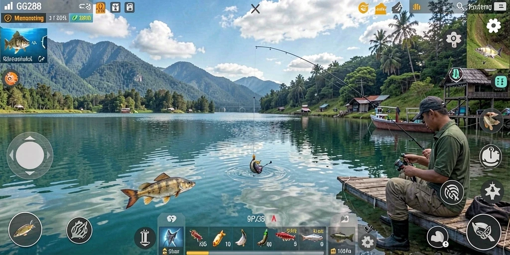 Screenshot GG288 menampilkan momen seru saat menangkap ikan di laut.
