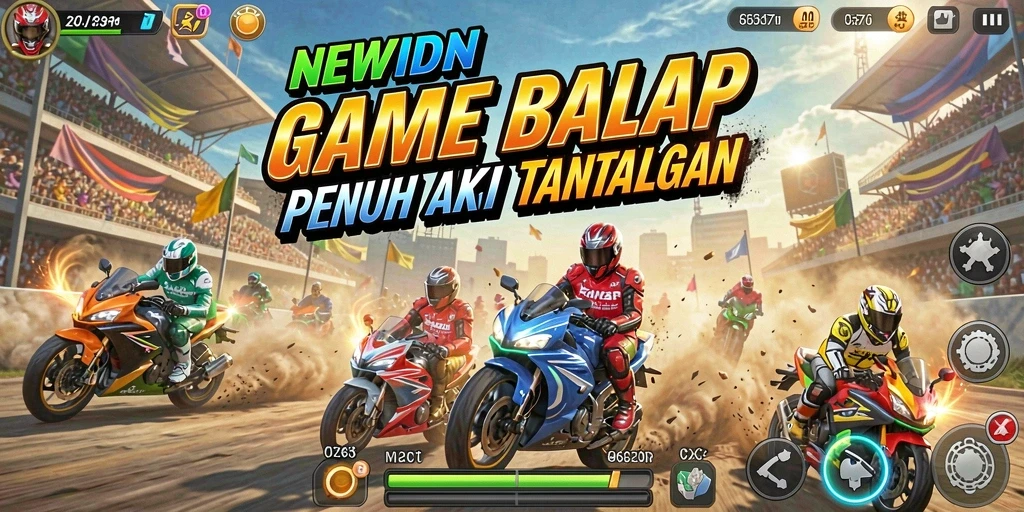 Screenshot gameplay NEWIDN menampilkan balapan mendebarkan di lintasan beragam.