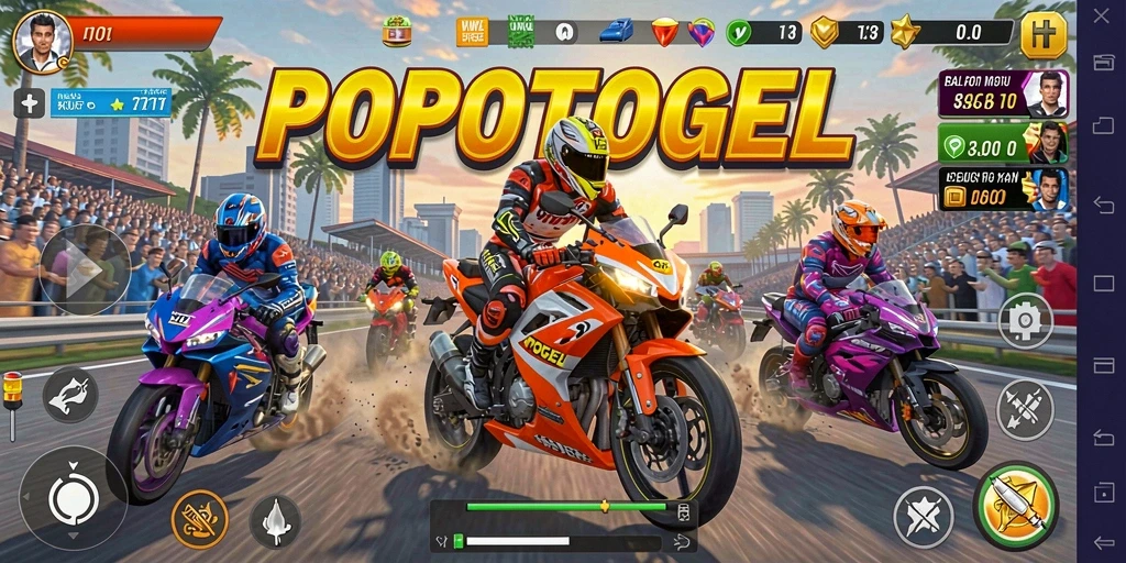 Screenshot utama POPOTOGEL menampilkan aksi balapan motor yang mendebarkan.