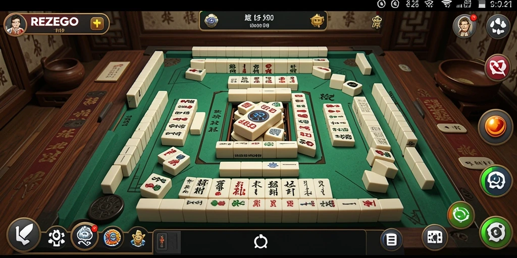 Tampilan gameplay menarik dari REZEGO dengan ubin Mahjong yang berwarna-warni.