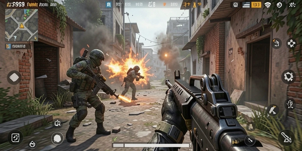 Screenshot gameplay S9S9 yang menunjukkan aksi tembak-menembak seru.