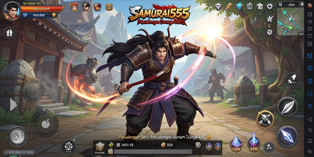Tampilan gameplay <strong>SAMURAI555</strong> yang menampilkan pertarungan epik dan visual yang memukau.