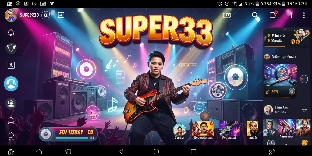 Tampilan gameplay SUPER33 dengan interaksi musik yang seru.