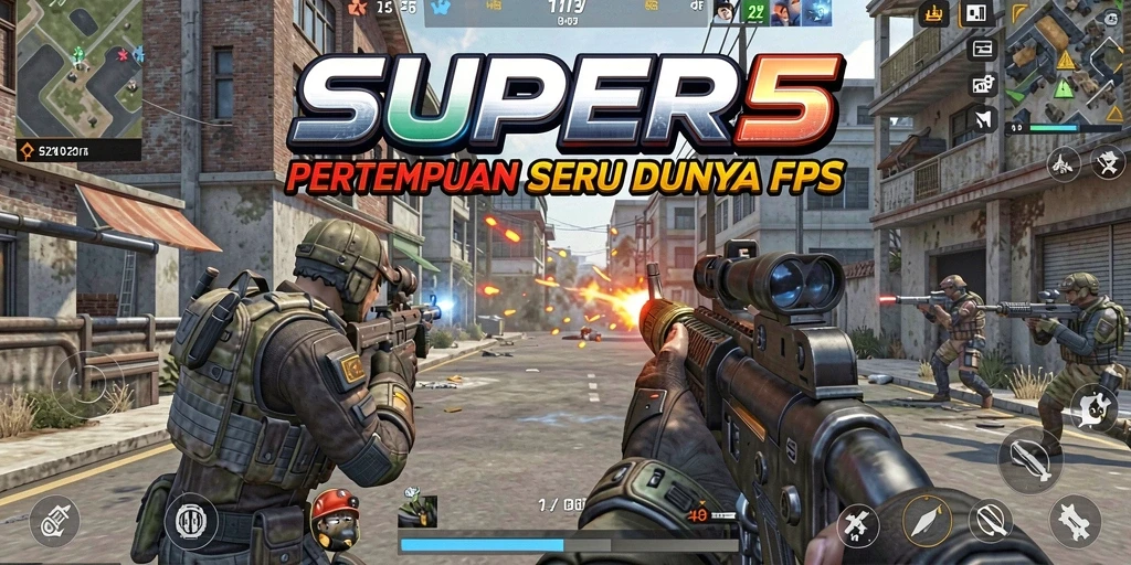 Tangkapan layar SUPER5 menampilkan aksi pertempuran seru dalam FPS.
